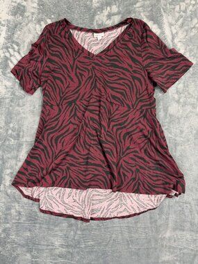 LuLaRoe Burgundy & Black Zebra Print High-Low V-Neck Tunic Top Womens Size L